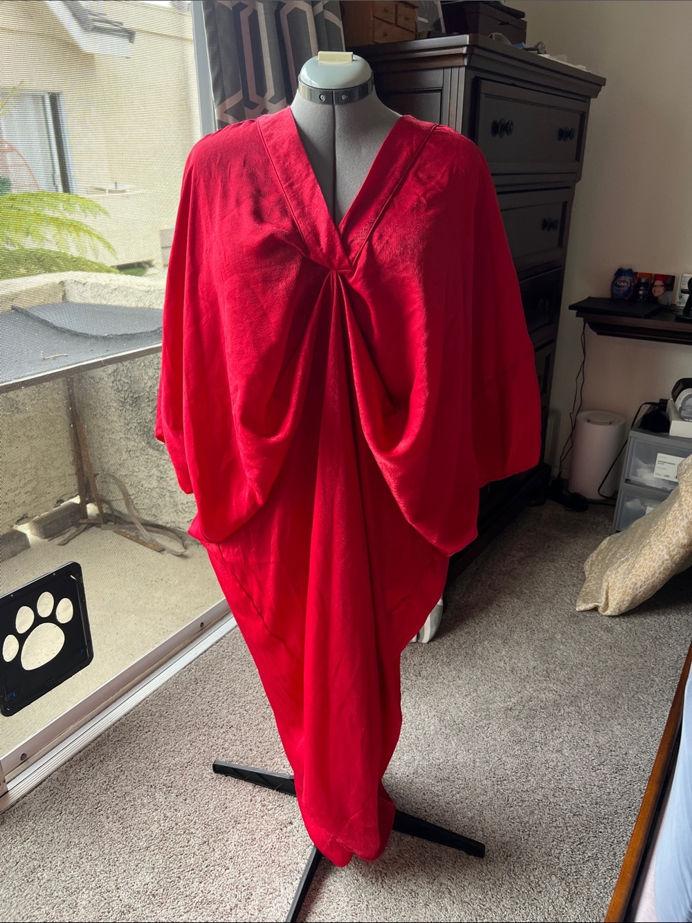 Red Draped V-Neck Maxi Dress / kimono